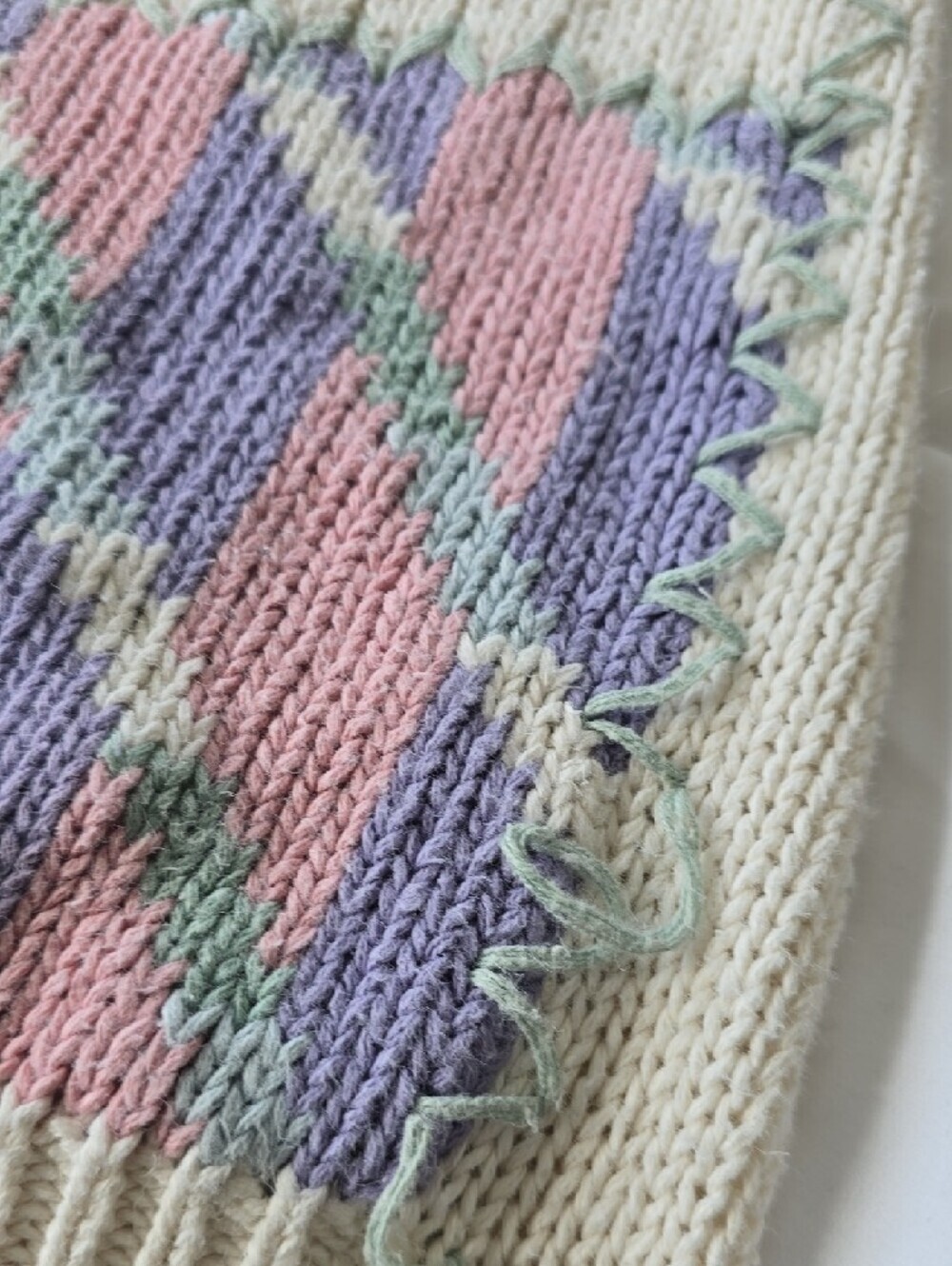 Vintage 90s Maggie Lawrence Patchwork Knit Sweater Pastel Floral Grannycore - Picture 15 of 16